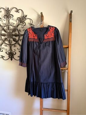 J. Crew Navy Dress with Red Floral Embroidery